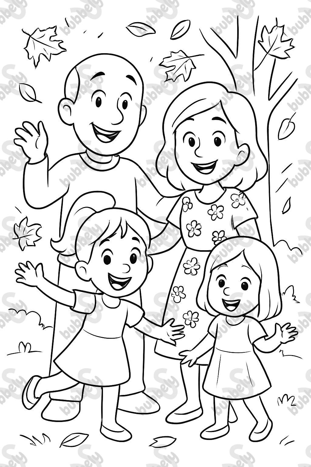 fall family photo with a dad that is balding, mom in a floral dress. a 6 year old girl with a ponytail and dress. and a 3 year old with her hair down and in a dress.
