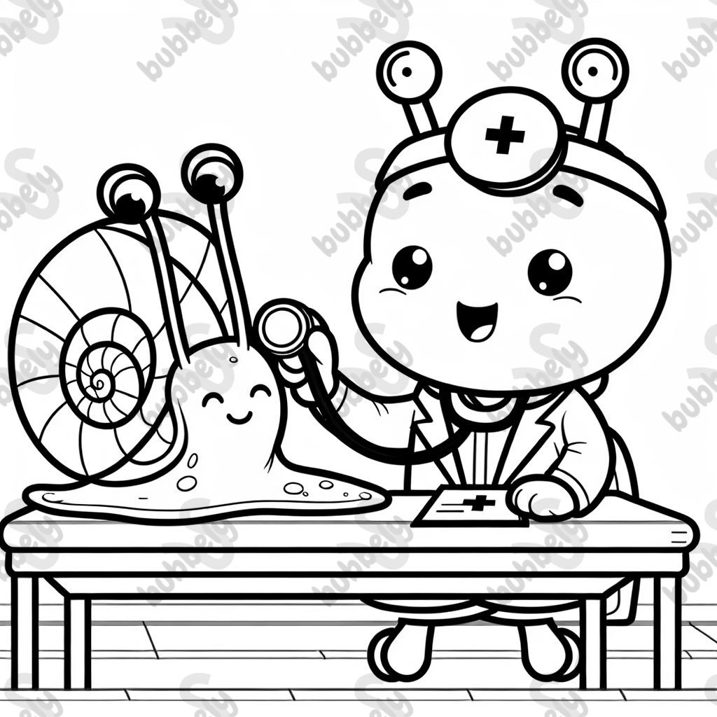 Snail laying on a doctor's table getting a checkup.