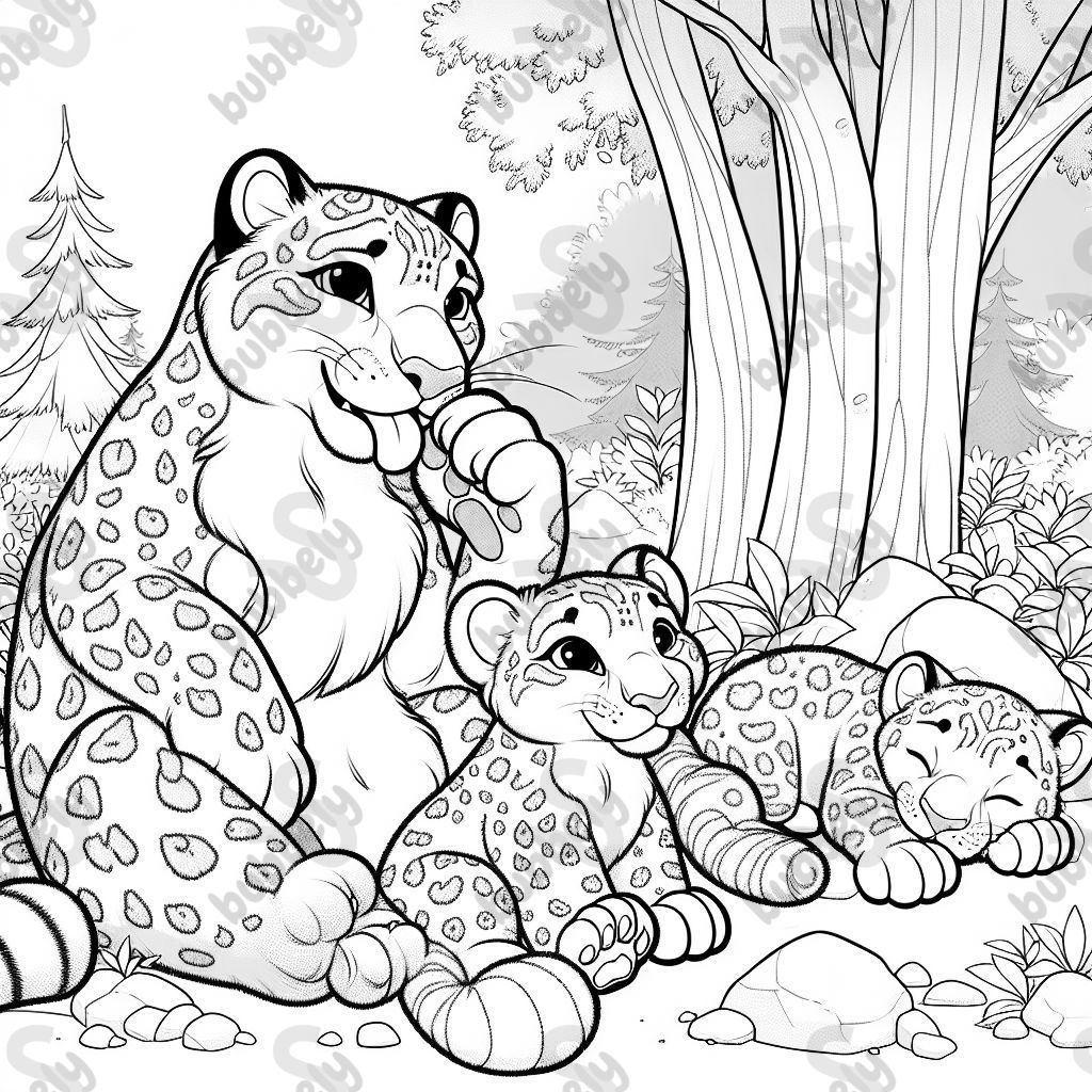 Snow leopards family in the forest. Dad licks paw. Baby is sleeping. Big sister sits nicely on the ground. Mom lies on a tree. Snow leopards family in the forest. Dad licks paw. Baby is sleeping. Big sister sits nicely on the ground. Mom lies on a tree.