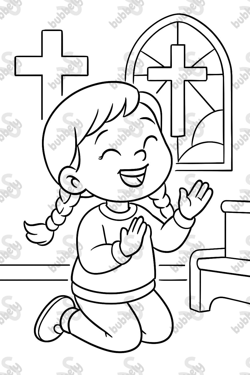 Niña de 3 años con trenzas, leggings y un suéter, alabando a Jesús y orando en la iglesia. Niña de 3 años con trenzas, leggings y un suéter, alabando a Jesús y orando en la iglesia.