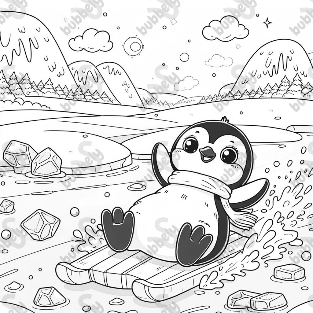 a cute penguin sliding on the ice