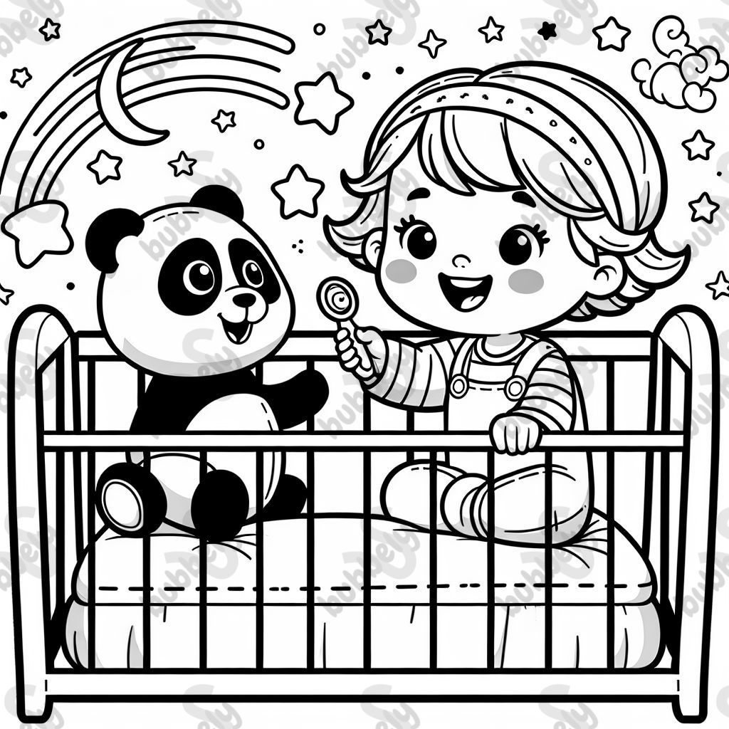 Toddler girl in crib with a toy panda