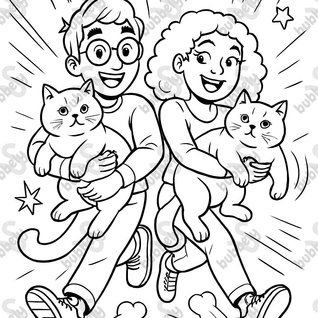 Two british shorthair cats cuddling a cute man with round glasses and a cute woman with dimples and curly hair.