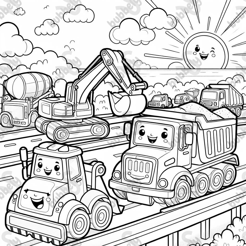 A bulldozer, cement truck, excavator and dump truck driving on a busy highway