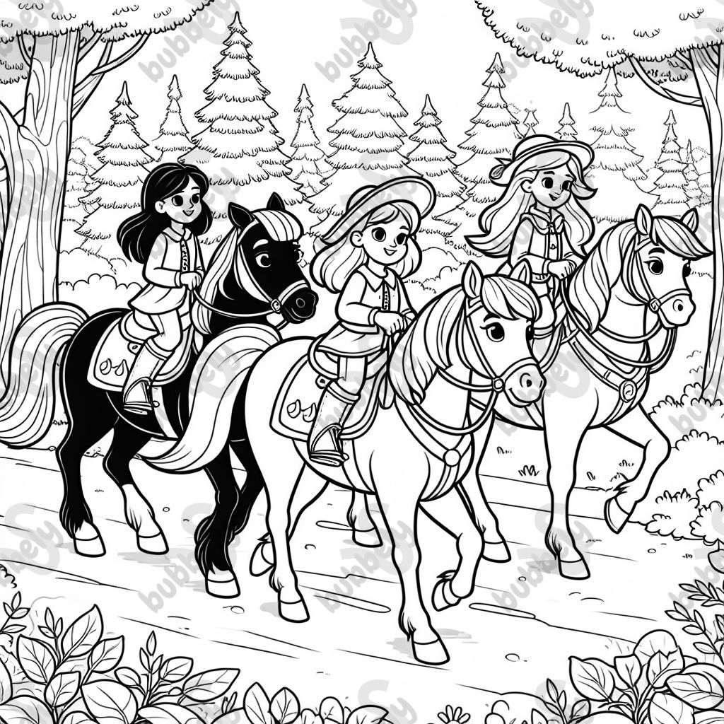 drei Pferde mit Reiterinnen im Wald