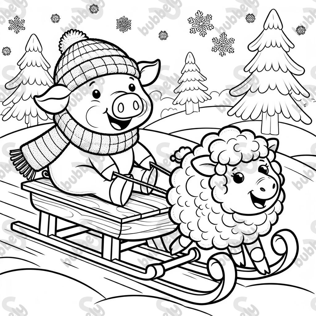 Ein Schwein und ein Schaf auf einem schlitten einfach 