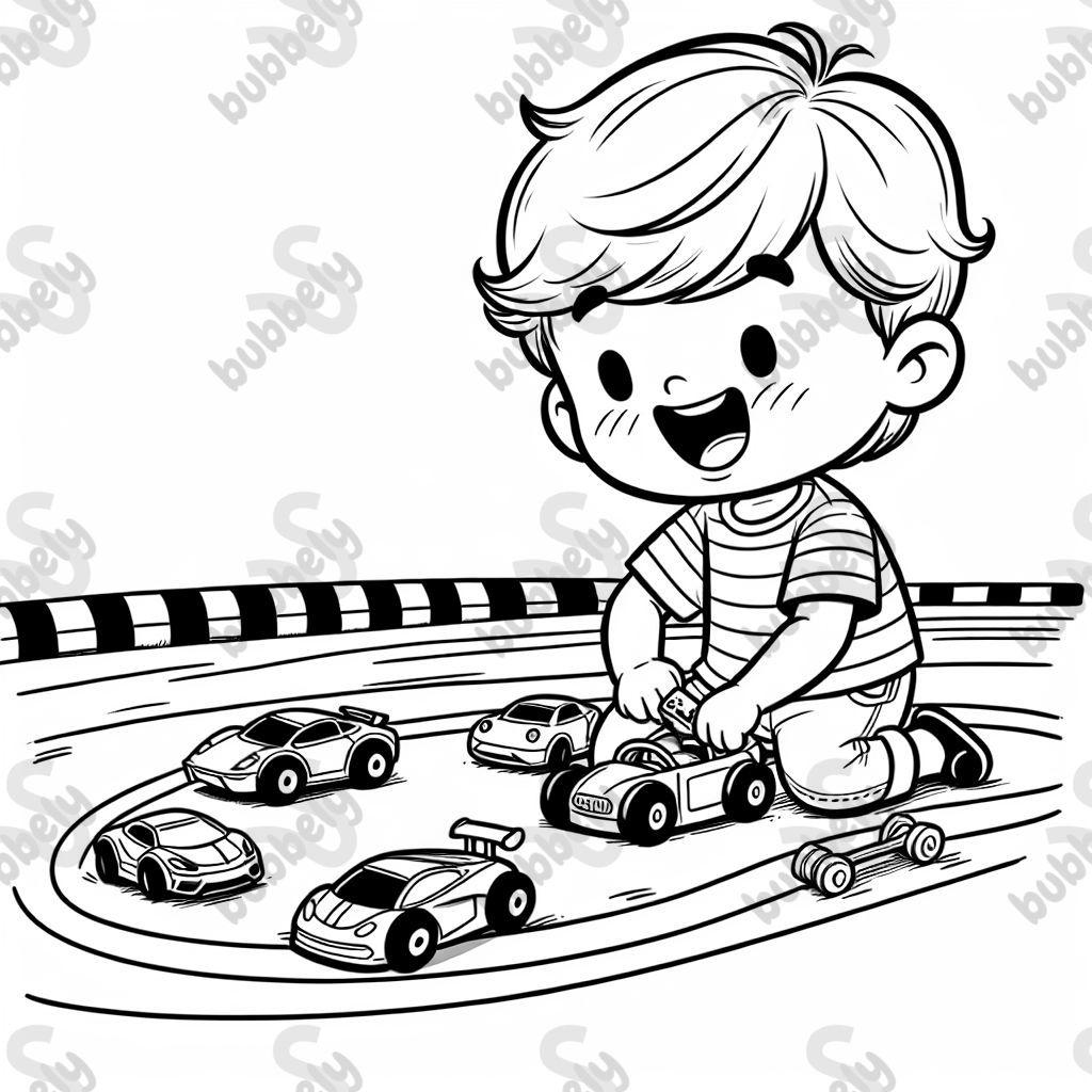 A little boy playing with toy cars at a racetrack.