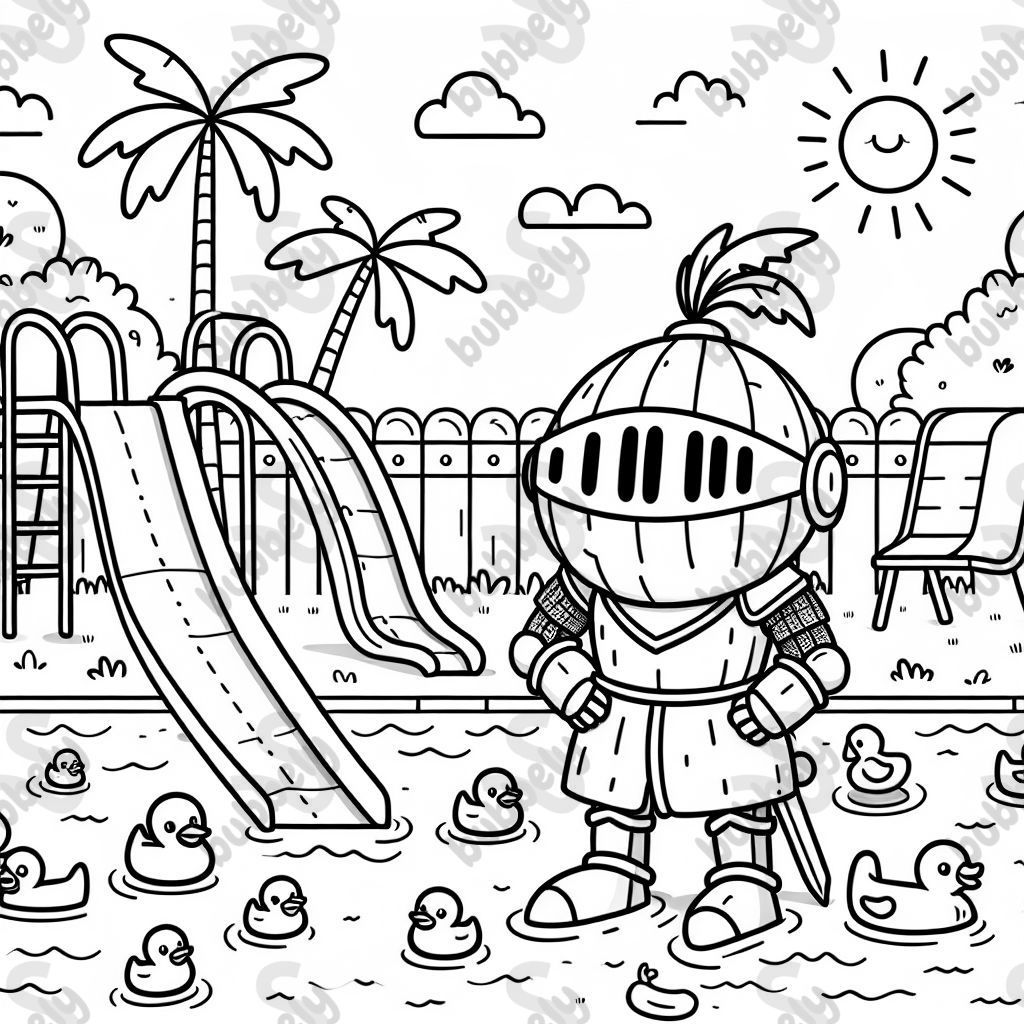 Une page à colorier colorée avec le Chevalier Coco qui s'amuse dans une piscine. Une page à colorier colorée avec le Chevalier Coco qui s'amuse dans une piscine.