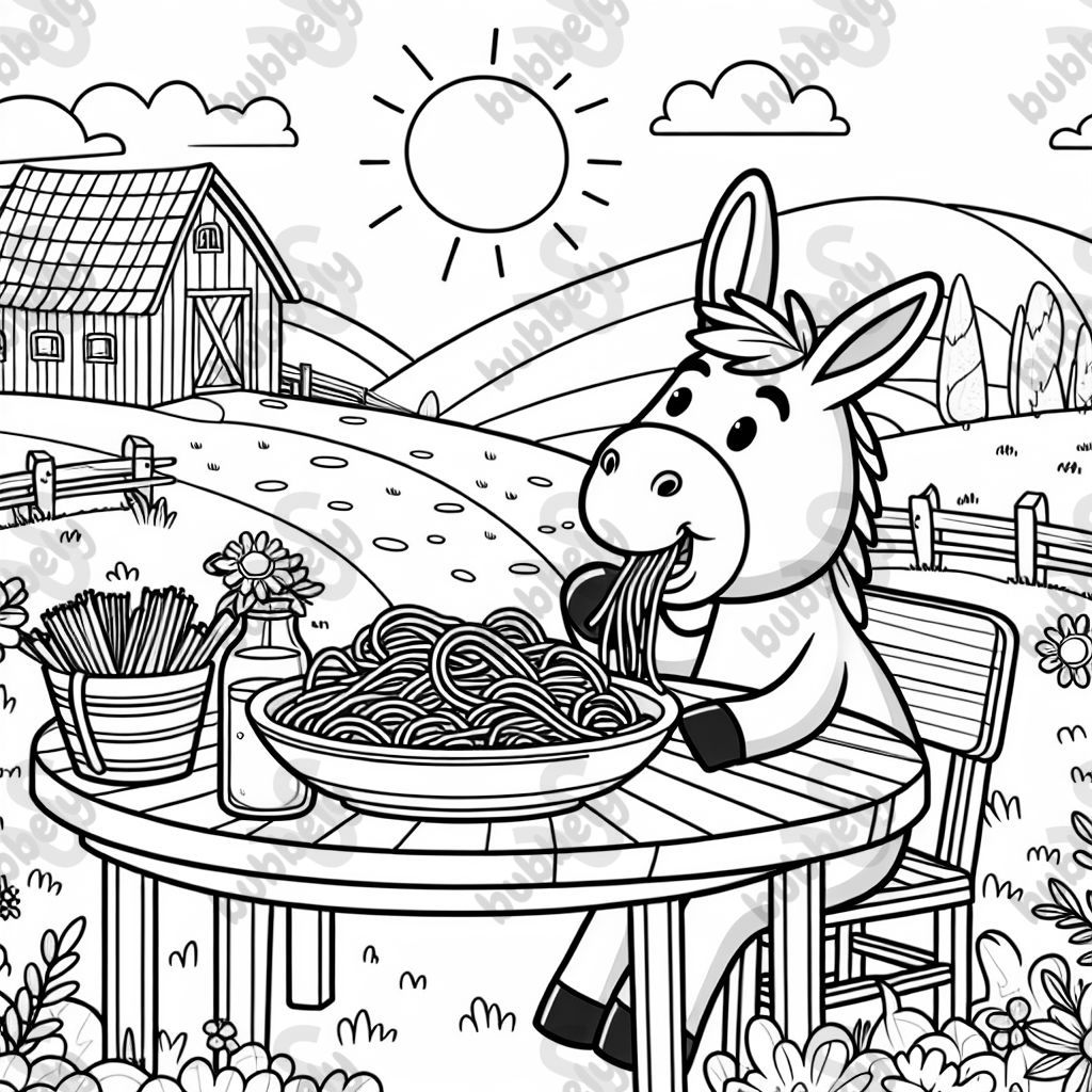 A donkey eating spaghetti