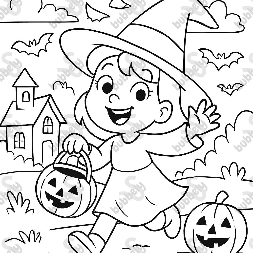 Girl trick or treating with a pumpkin basket.