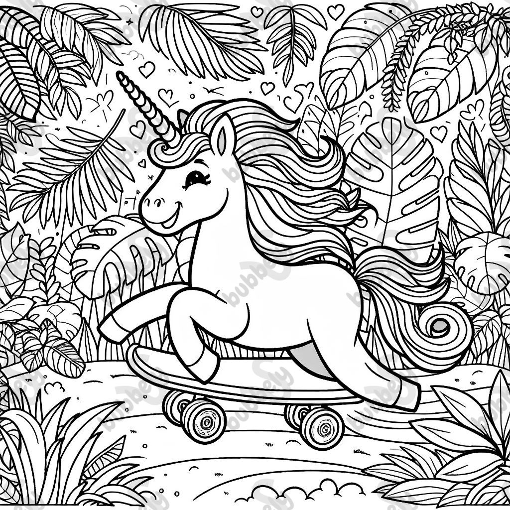 Unicorn riding skateboard in the jungle