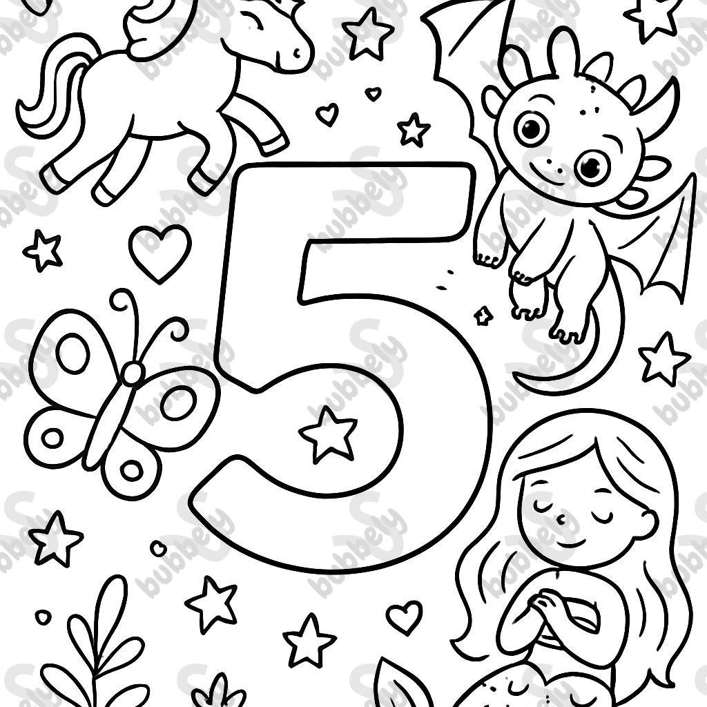 the number 5 filled with magical creatures like unicorns, mermaids, Toothless Dragon, butterfly, hearts, and stars the number 5 filled with magical creatures like unicorns, mermaids, Toothless Dragon, butterfly, hearts, and stars