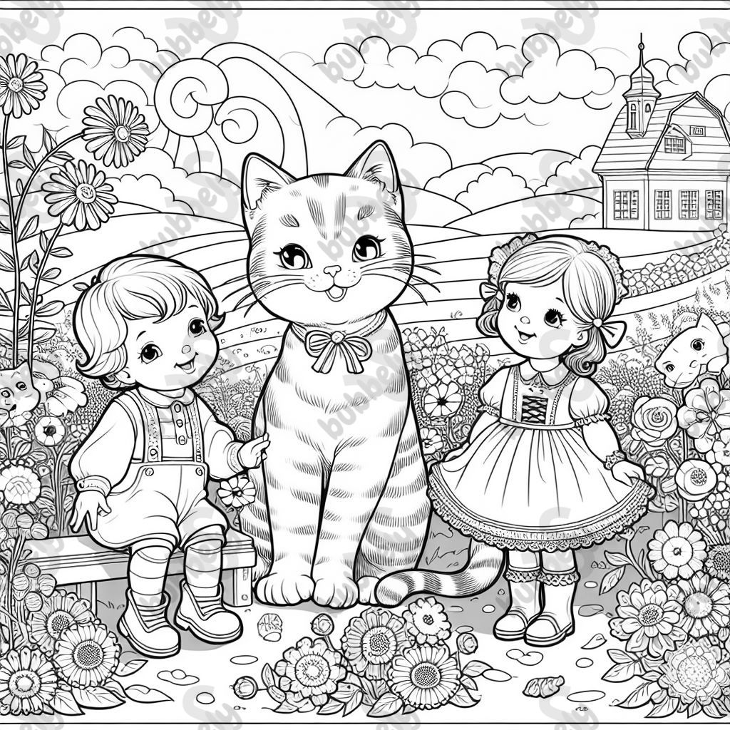 Coloring page of three cats on a flower meadow with a big and small girl and a little boy