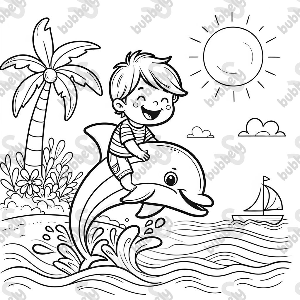 4 year old boy riding a dolphin at the beach