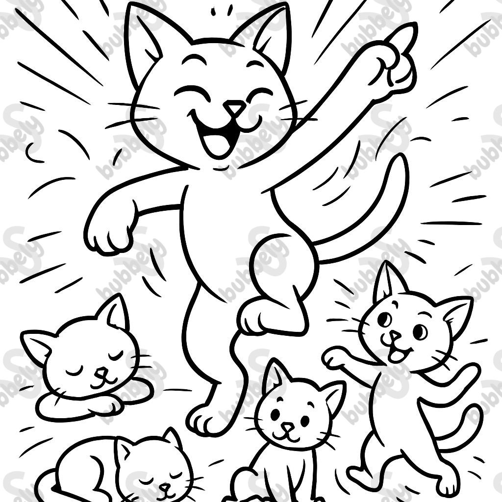 Dancing cat with sleeping, sitting, and dancing kittens