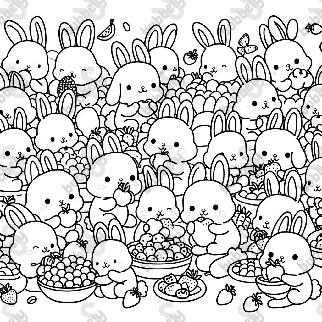 Ganz ganz viele flauschige Hasen die Obst und Gemüse essen