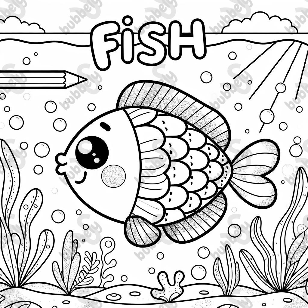 a coloring page with a fish on it and the word FISH over it in big letters. 