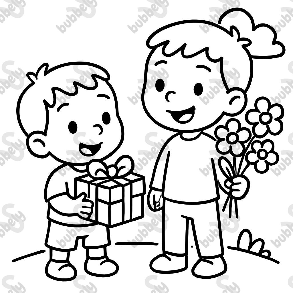 two boys (2 and 3) holding a gift and flowers