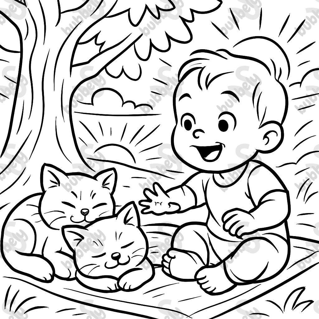 Teo british shorthair kittens snuggled up under a tree at sunrise with a baby boy on a blanket. Teo british shorthair kittens snuggled up under a tree at sunrise with a baby boy on a blanket.