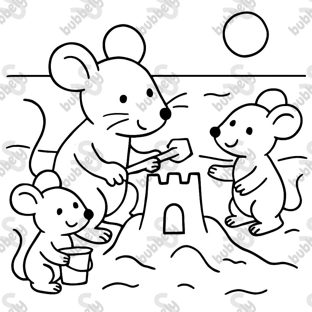 Three mice at the beach building a sandcastle Three mice at the beach building a sandcastle