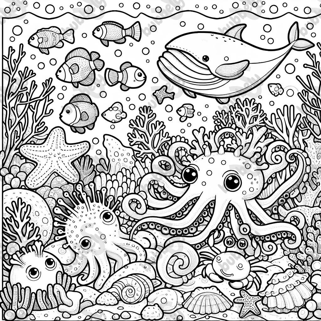 Underwater scene with a pufferfish, clownfish, octopus, crabs, whales, starfish, sharks and coral