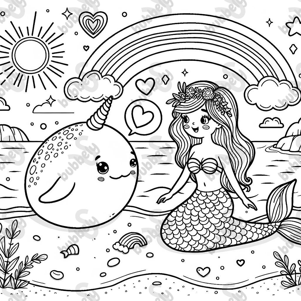 A mermaid with a narwhal at the beach with rainbows and hearts and stars