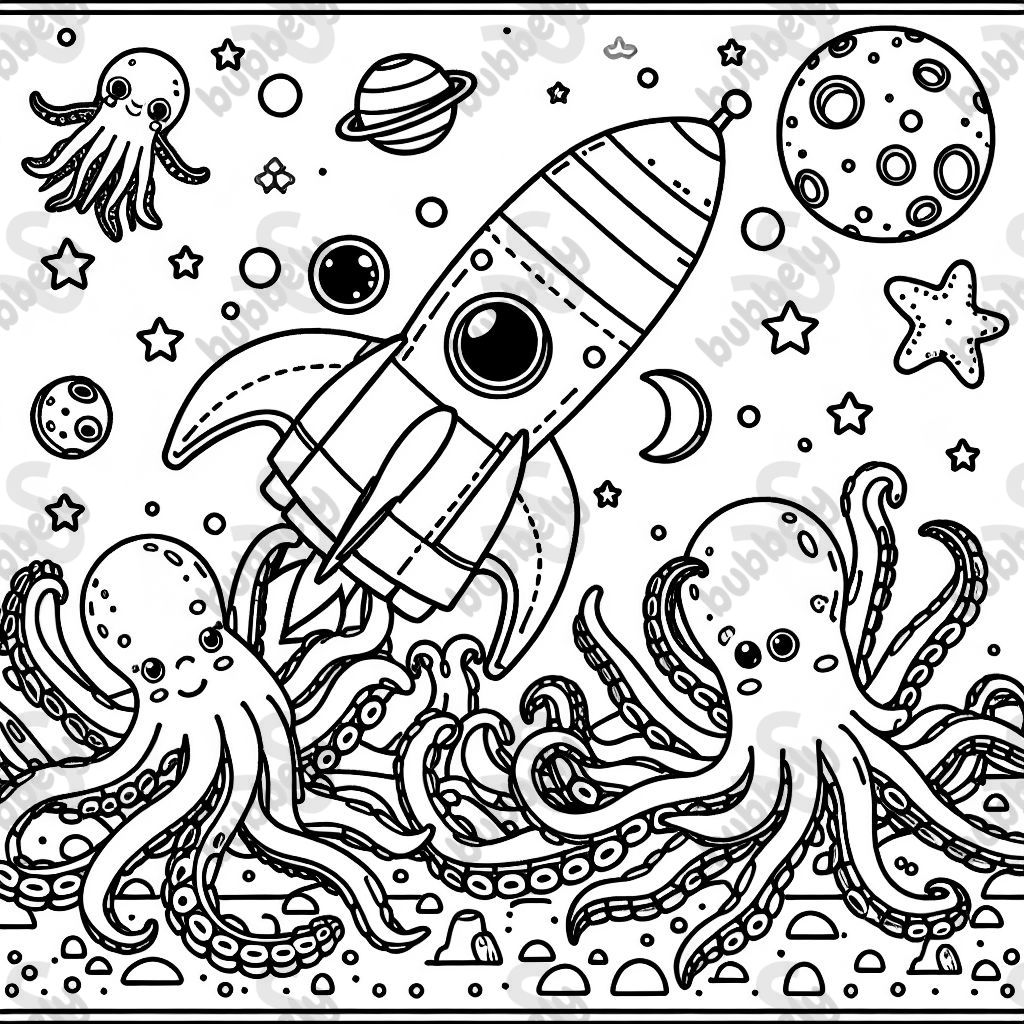 A rocket filled with octopuses flying to the moon