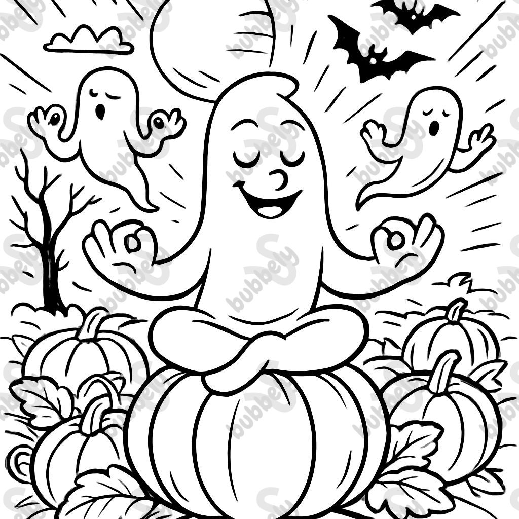 ghosts meditating in a pumpkin patch on Halloween