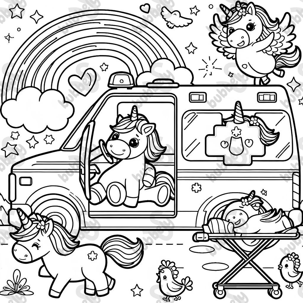 Unicorn driving an ambulance with a unicorn on a stretcher and a pet bird and rainbow.