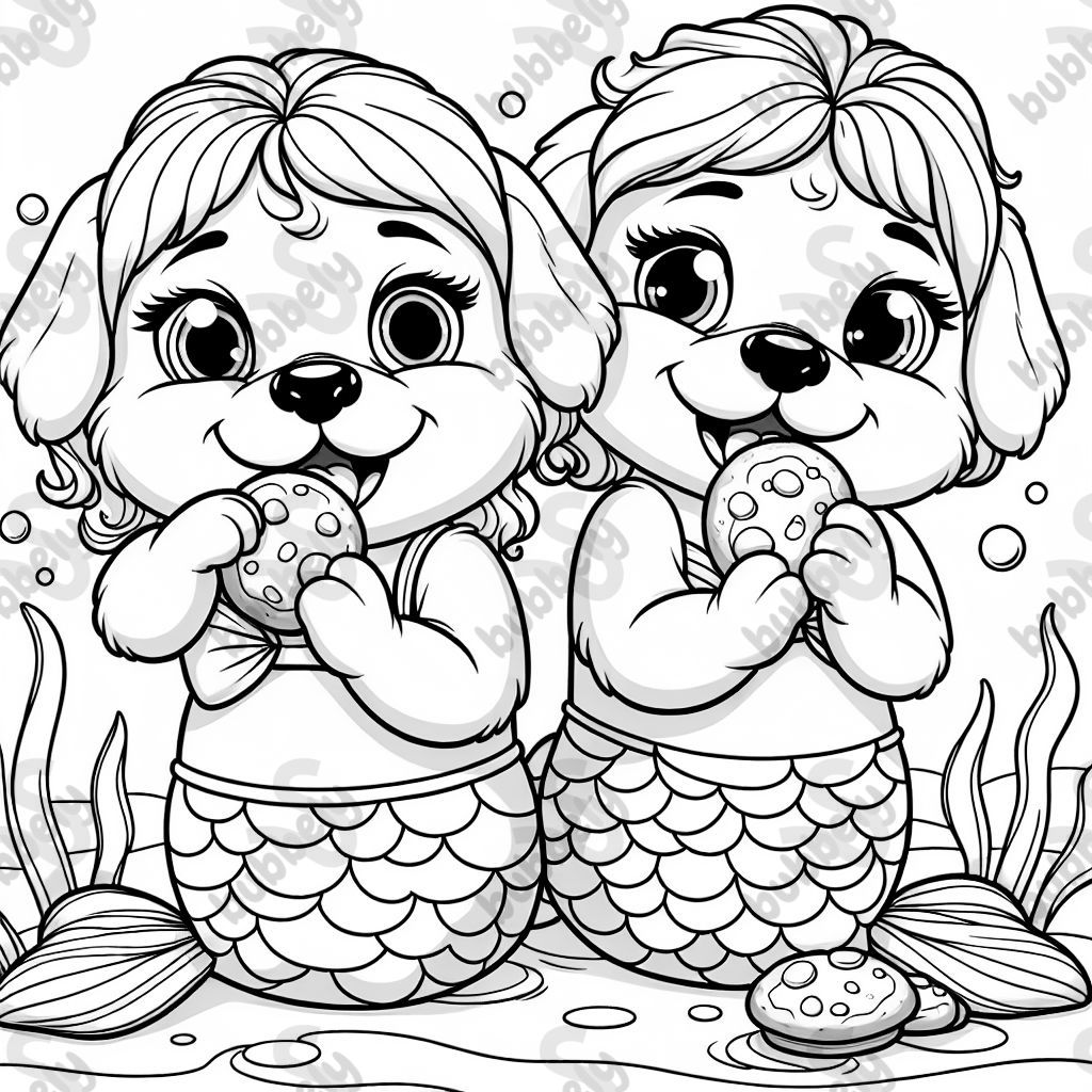 Two sister puppies dressed like mermaids eating cookies.