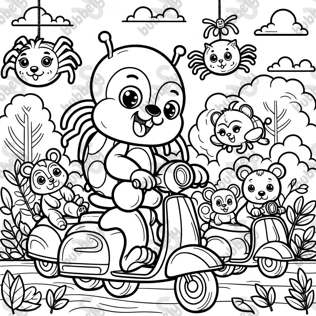 Spider and other animals riding scooter.