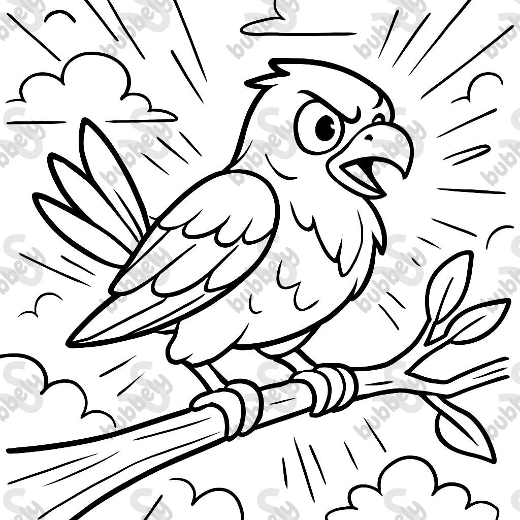 minimal line art, black and white, adult coloring book, clear outlines, no shading, clean, bird sitting on a branch, minimalist outline, peaceful composition