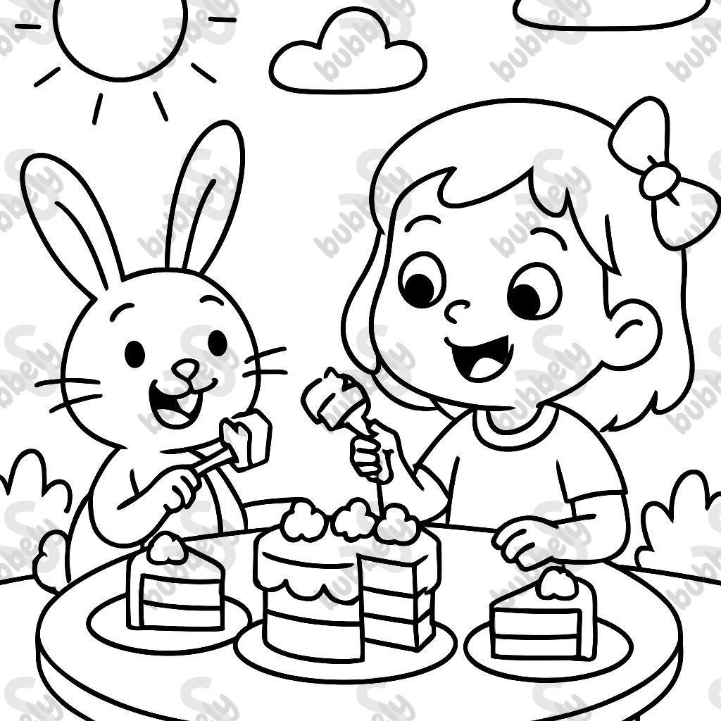 Bunny and little girl eating cake