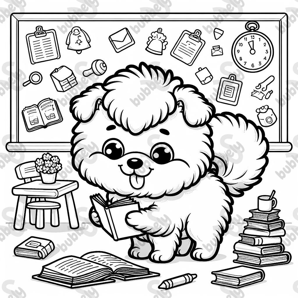 fluffy dog working at a school
