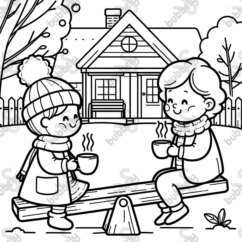 eine Puppe und Oma sitzen vor dem Haus auf der Wippe und trinken heißen Kakao