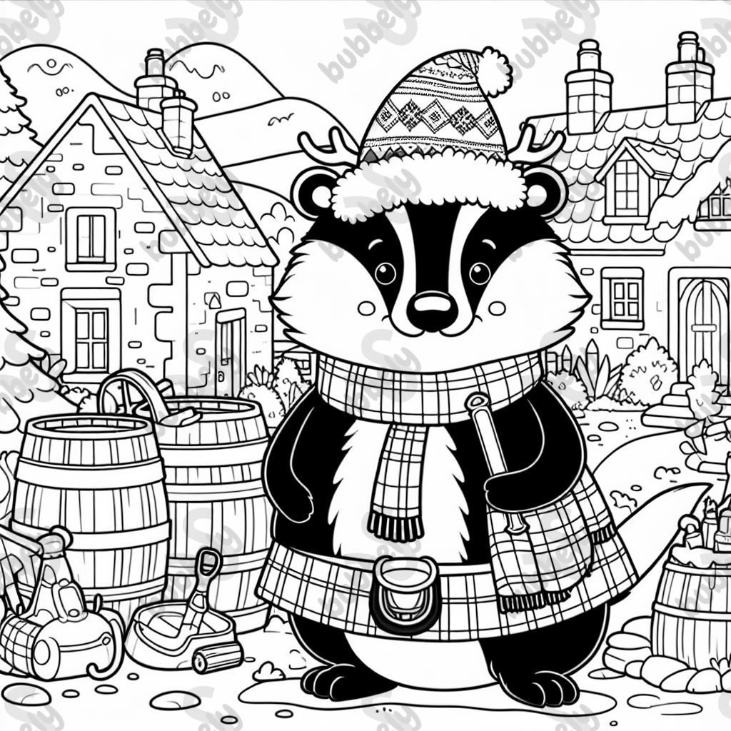 einen Dachs im Kilt in Schottland mit einer Weihnachtsmütze