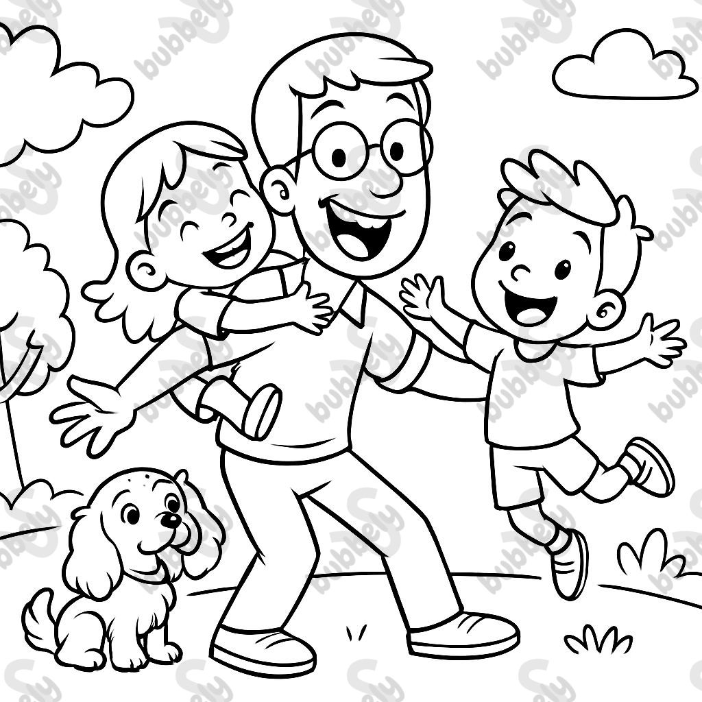 A dad being silly with his boy and girl kids and king charles cav dog.