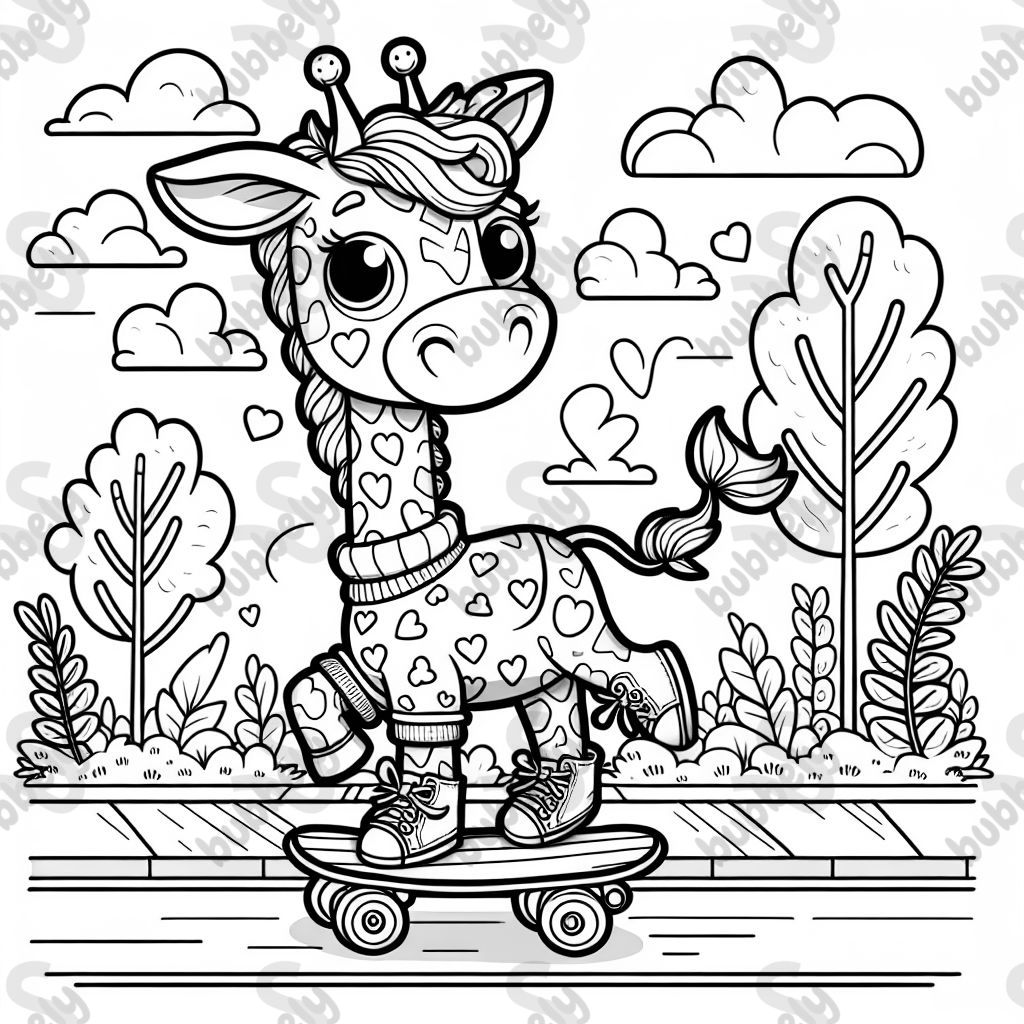 a giraffe on a skateboard with a heart shirt
