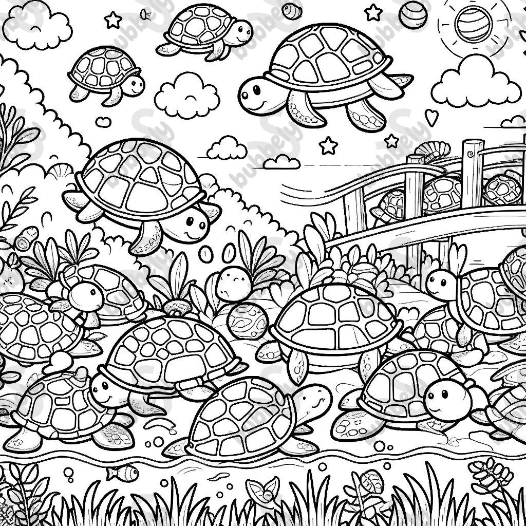 Une page de coloriage amusante sur le thème des tortues invitant les enfants à colorier. Découvrez différentes tortues dans un monde sous-marin coloré ou sur la plage.