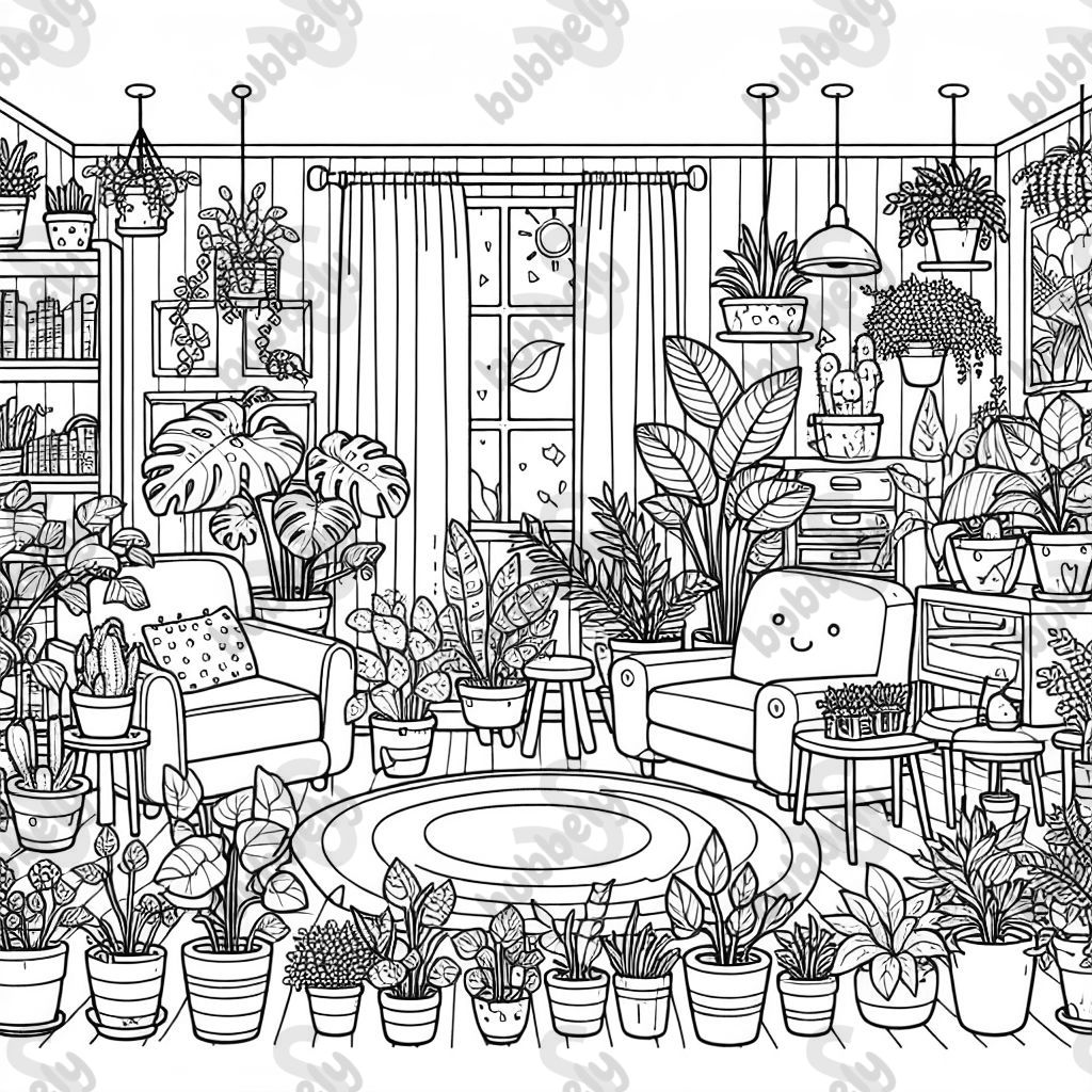 a living room with lots of colorful plants