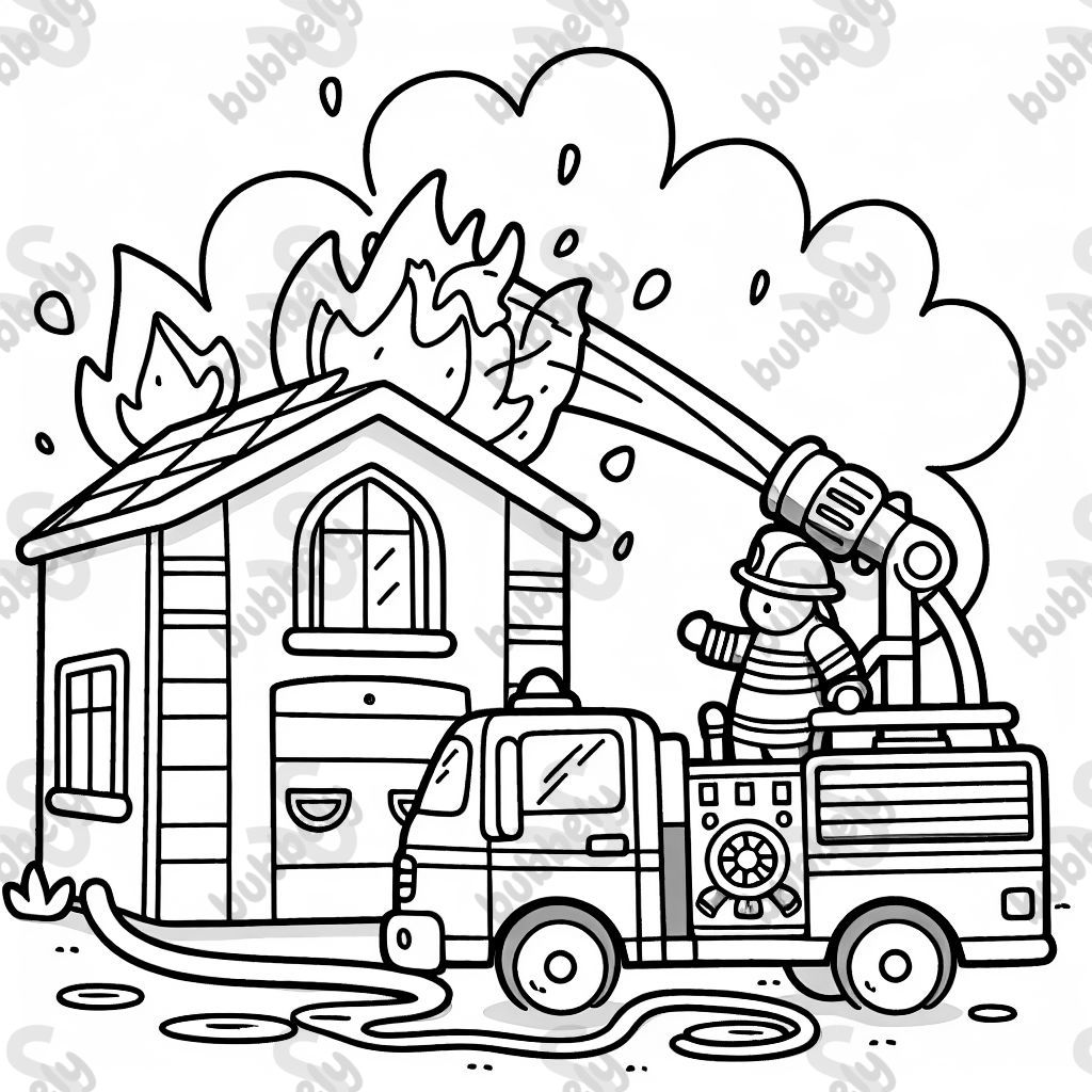 A fire truck is extinguishing a burned house