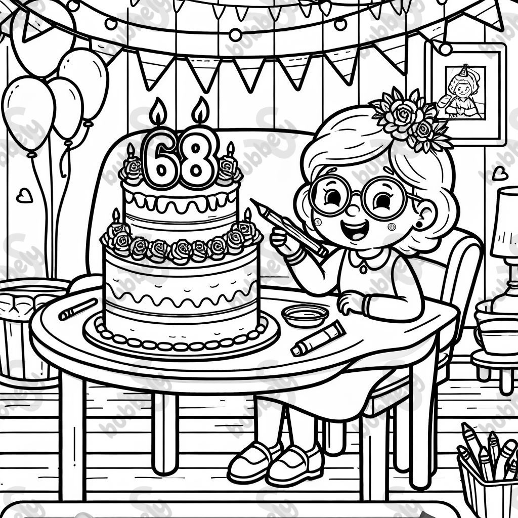 Eine Oma die ihren 68 Geburtstag feiert. Dabei sitzt sie an einem Tisch mit einer großen Torte, auf deren Spitze eine große 68 steht.