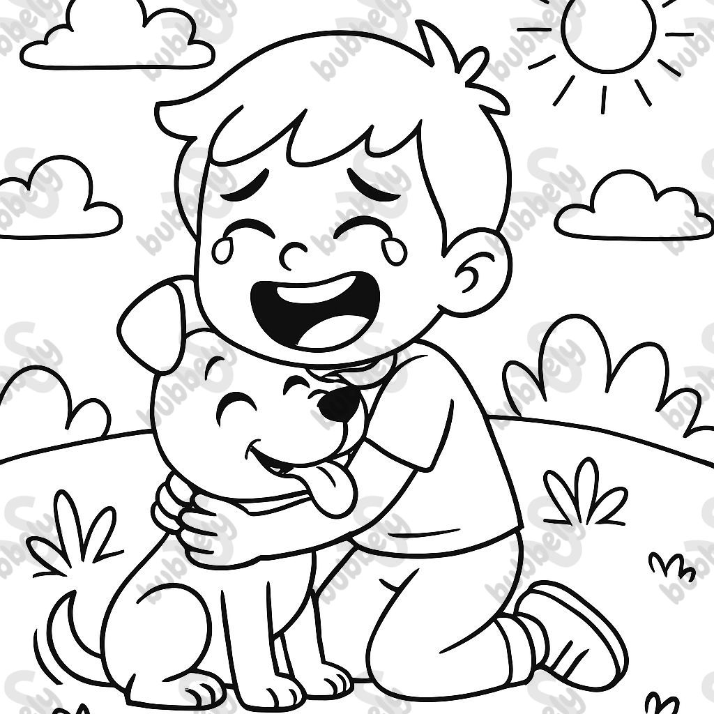 a crying child filled with emotion hugging their dog