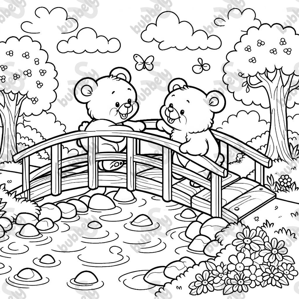 Two bears crossing a creek one over a bridge one running through it