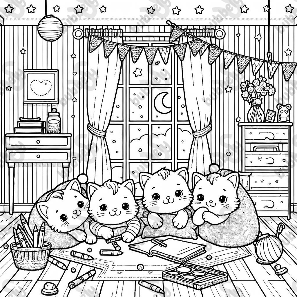 Four kittens having a sleepover party