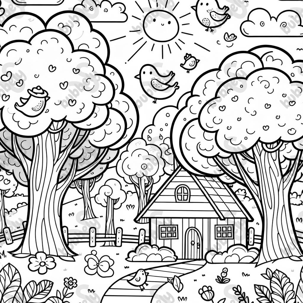 simple bold black line coloring page. outdoor, trees, building, birds