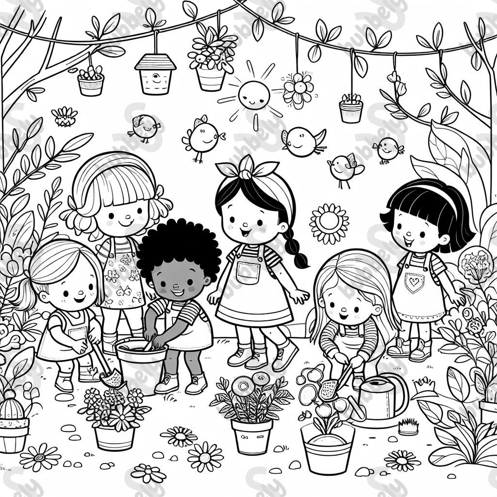3 African American little girls and seven white little girls gardening.