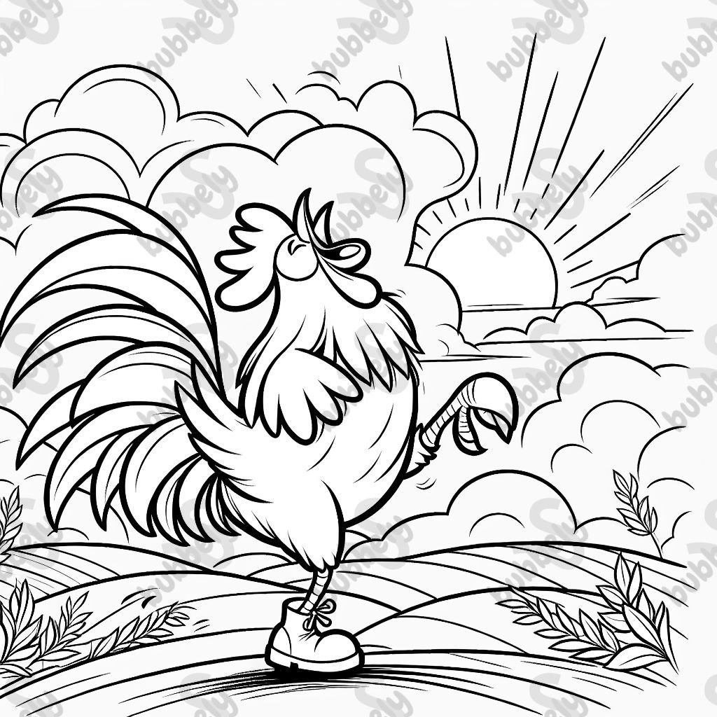 A rooster dancing in the sunrise