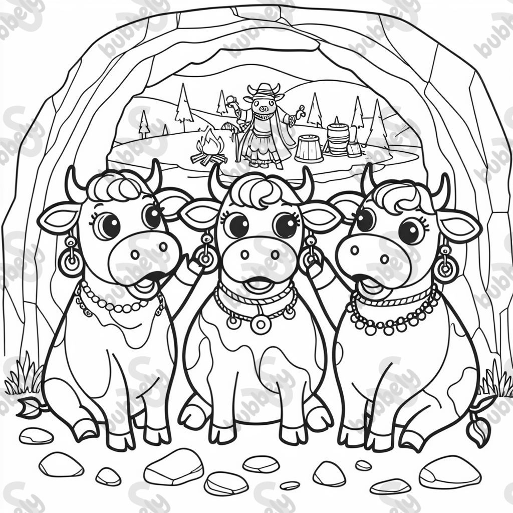 three cows looking at a show in a cave, they have earrings