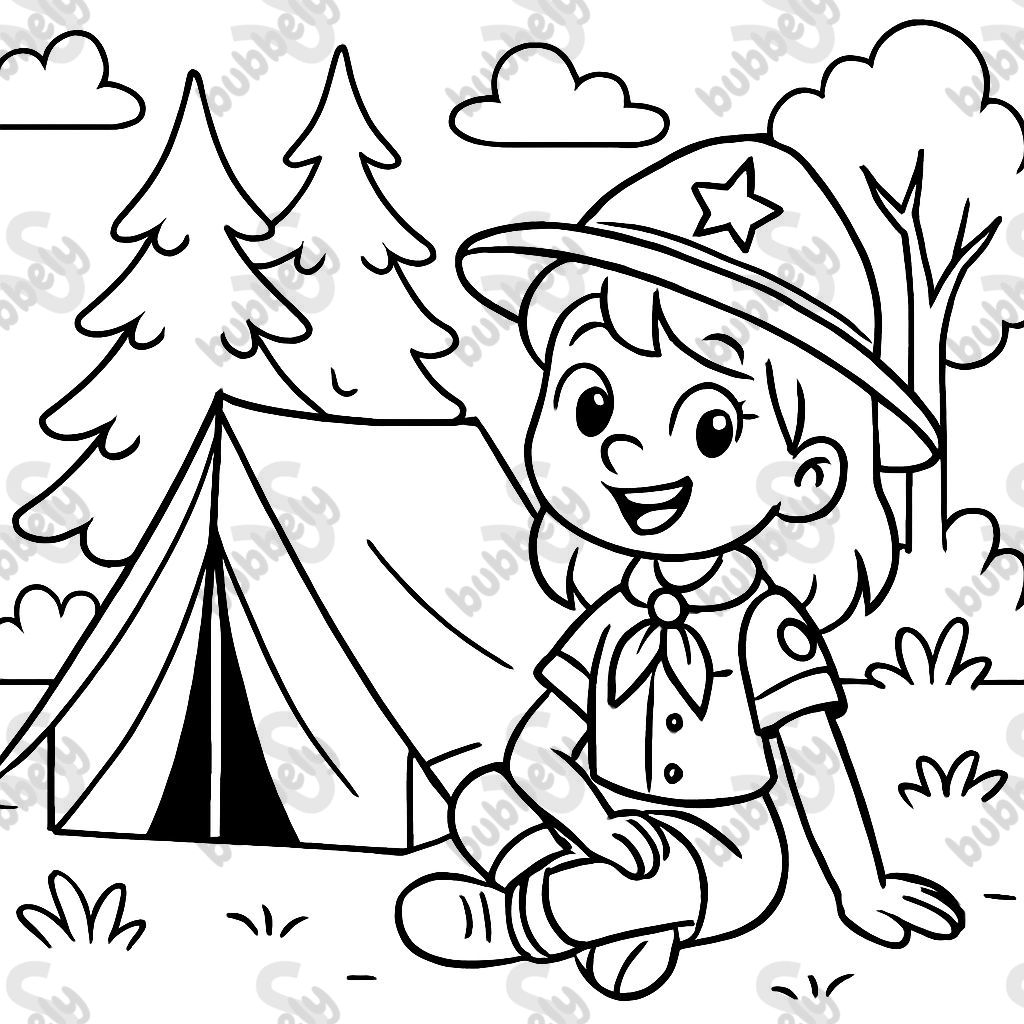 A girl wearing a scouts uniform sitting next to a small tent.
